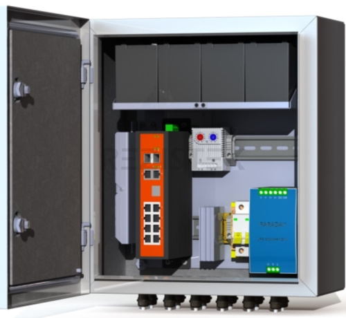 TSb-0801HR Узел доступа: шкаф с нагревателем, c ИБП с крепежом для АКБ; коммутатор  8 портов, uplink 2 SFP,  PoE 802.3 af/at, настенное крепление, входное напряжение 220В.